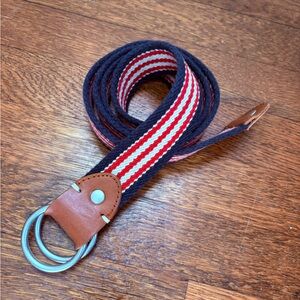 J. Crew Navy and Red Striped Cotton Belt with Leather | Heritage | Unisex